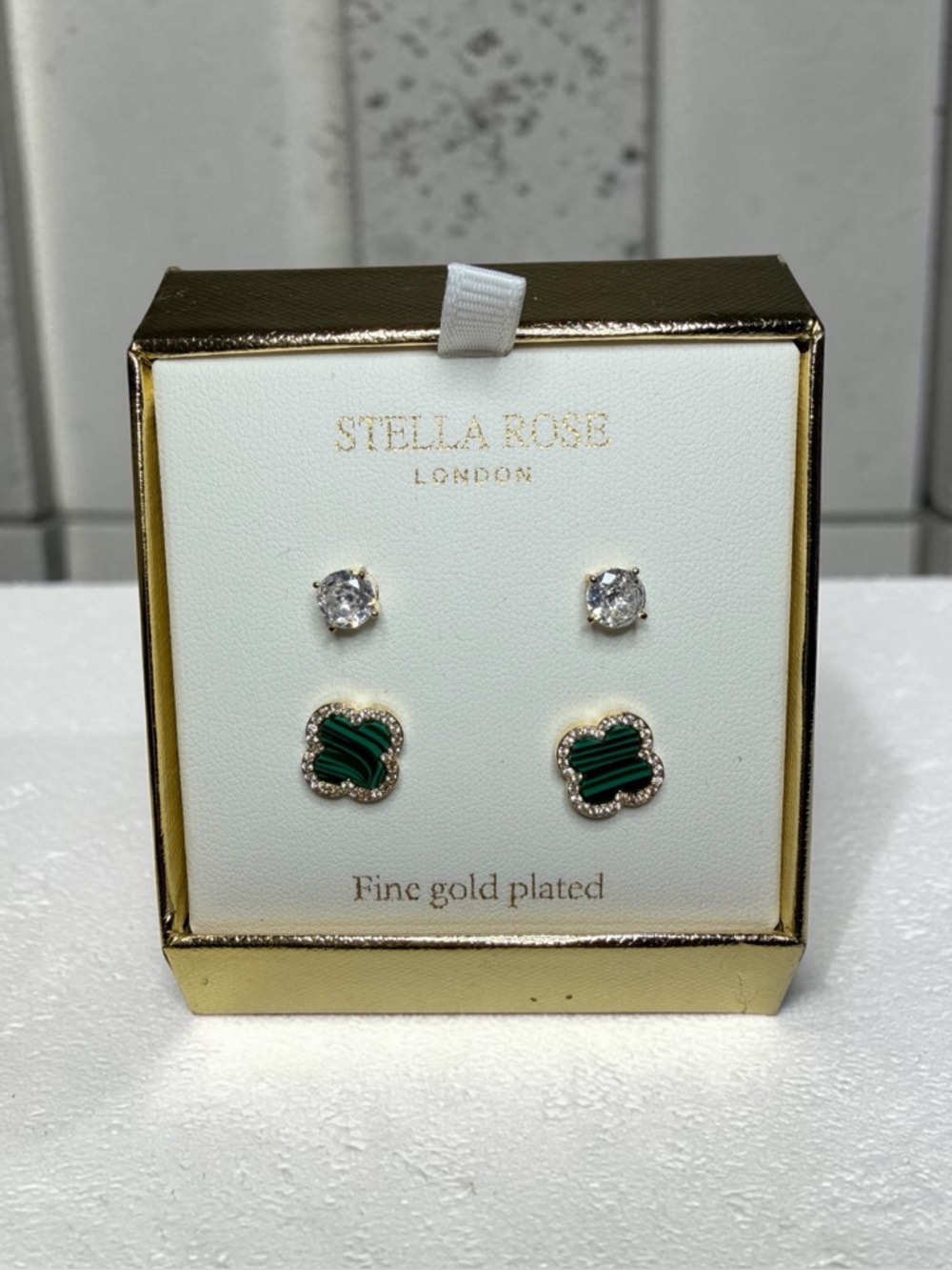 Stella Rose London Gold Plated Earring Set Malachite‎ Clover & Clear Studs - Picture 4 of 5